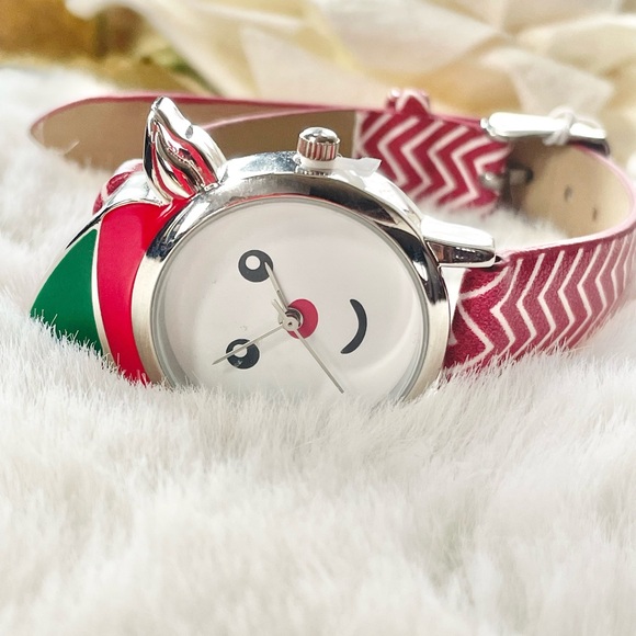 New with tags FESTIVE RED & WHITE STRIPED CAT WATCH with Green. No numbers. - Picture 4 of 5